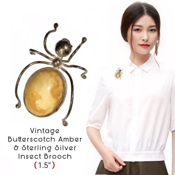 Handmade Jewelry - Vintage Insect Spider Brooch Pin Sterling Silver & Butterscotch Amber, Pristine!